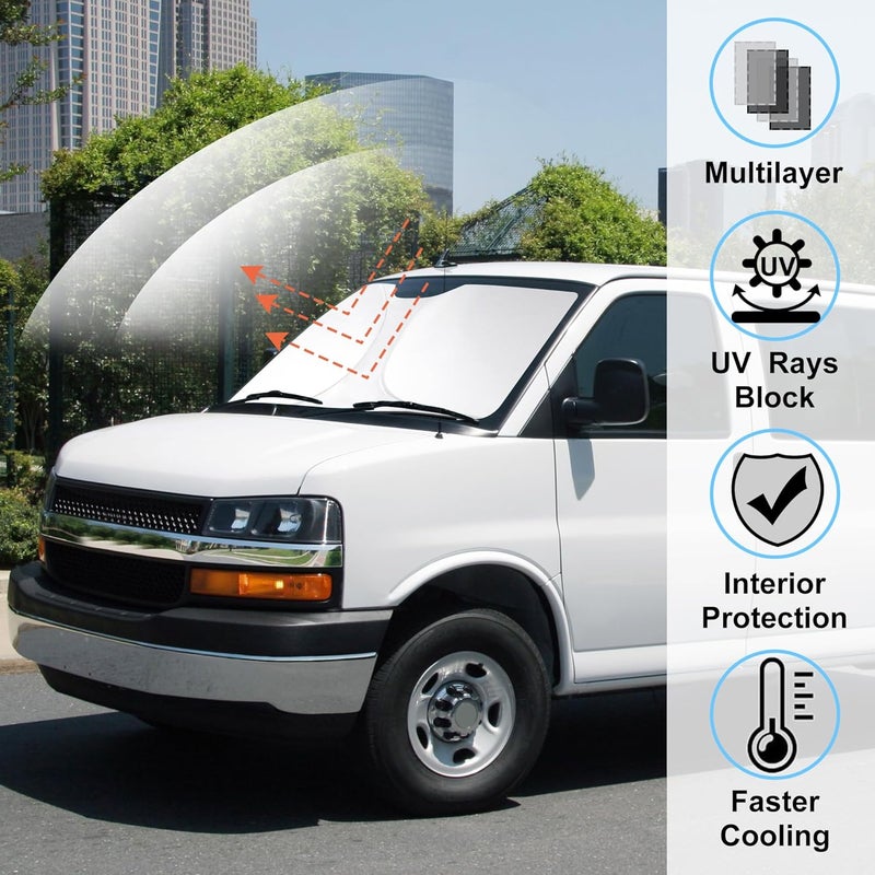 LHFLIVE Windshield Sun Shade Compatible with 1996-2024 2025 Chevrolet Express Cargo Van 1500, 3500, 4500, LS, LT Winter Accessories Foldable Sun Visor Protector Keeps Cool - Image 2